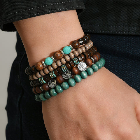 Bracelet rétro en alliage de zinc avec perles en bois tissées à la main, motif arbre de vie, multicouche, cinq pièces, m3331272 