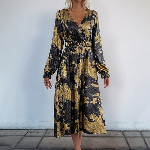 Robe bronzante à col en V et manches longues pour femme, haut de gamme, collection automne M300808 