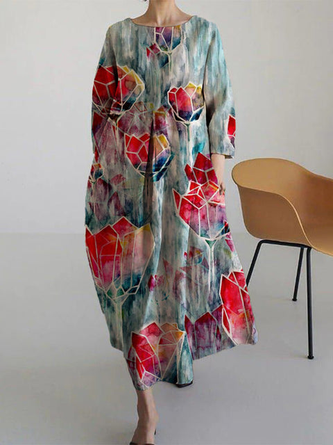 Robe ample à col ras du cou et manches longues imprimée haut de gamme m301044