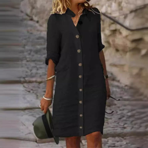 Robe en coton et lin à col chemise et manches mi-longues, grande boucle ronde M300218