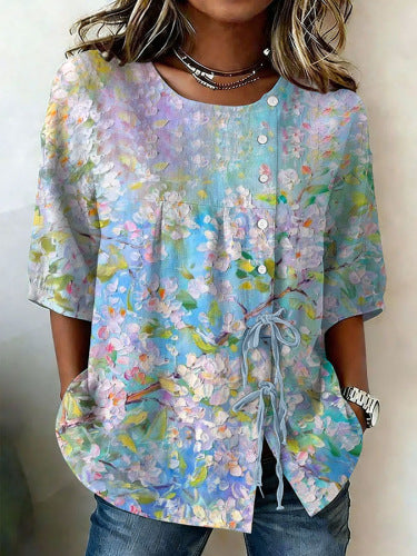 Color matching loose blouse five-button drawstring shirt m302758