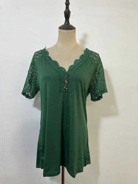 Pull confortable et décontracté à manches courtes et col en V avec coutures en dentelle M300159 