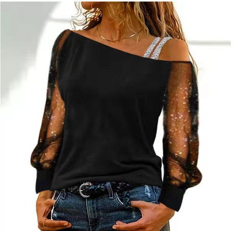 T-shirt à manches longues et épaules dénudées, col diagonal, tendance, base à épaules dénudées, M300176 