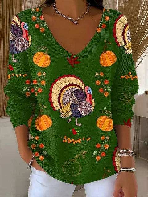 Shoulder V-Neck Long Sleeve Pullover 3D Digital Printing Women's Top T-Shirt m302616