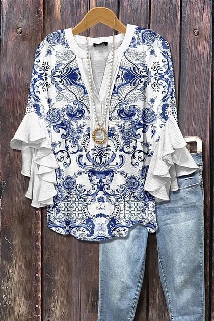 Digital printing casual trend V-neck lotus edge T-shirt women's m302725-2
