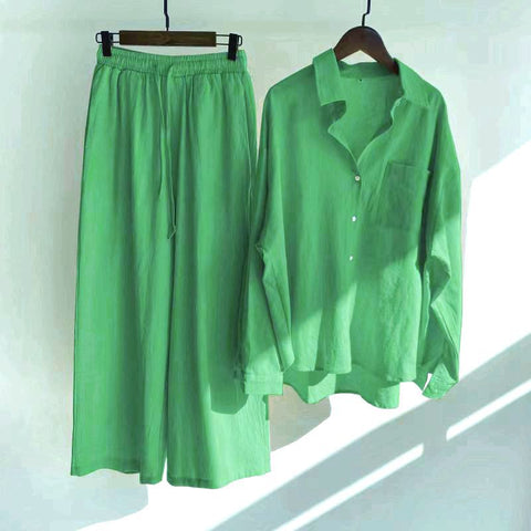 Cotton and linen shirt set high waist loose trousers m301983