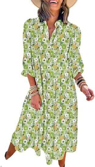 Robe ample à manches longues et col en V pour femme, style bohème, florale, élégante, en forme de A, m300573 