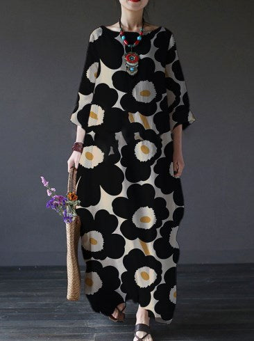 Robe ample à col ras du cou et manches longues imprimée haut de gamme m301044