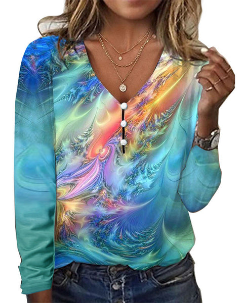 Pull-shirt à manches longues et col en V avec boutons nacrés et étoiles tie-dye m300609 