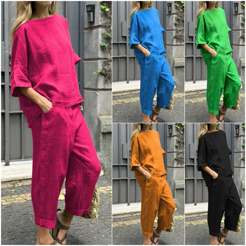 Women's 2-Piece Plus Size Cotton Linen Shirt Set High-Waisted Loose Pants M302296