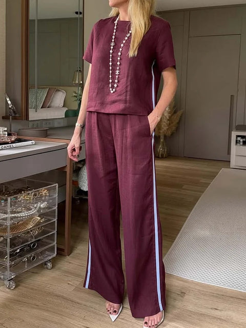 Crew neck pullover new trousers cotton and linen multi-color women's suit m302722