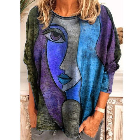 Großes Damen-T-Shirt mit Gesichtsdruck und langen Ärmeln, lockeres Damen-T-Shirt m300665 