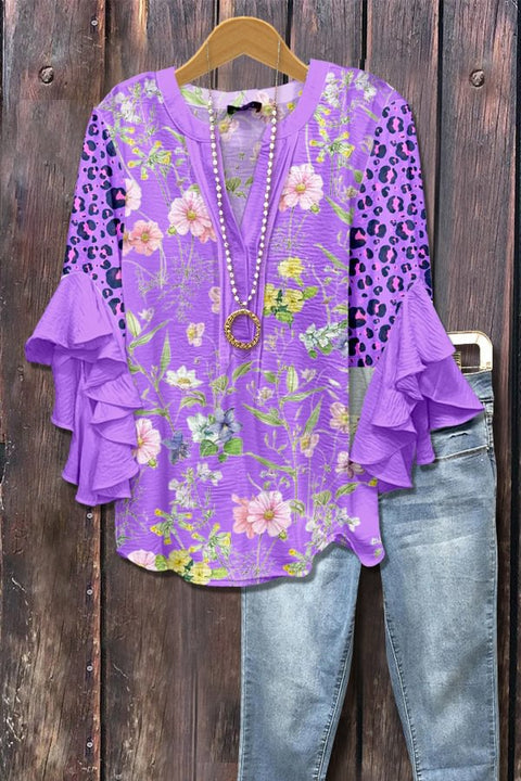 Creative floral element printing digital printing casual trend V-neck lotus edge T-shirt women's top m301778