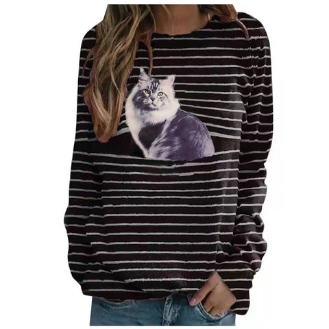 T-shirt décontracté à manches longues et imprimé chat, haut rayé m300513 