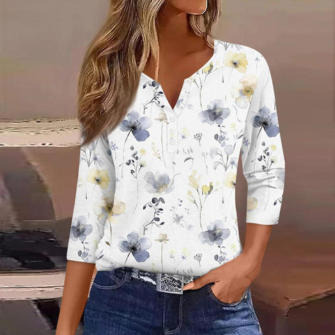 Col en V, manches sept-quarts à trois boutons, imprimé floral, vêtements amples pour femmes à la mode et décontractés m300565 