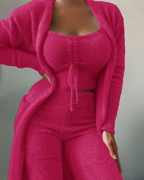 Plüschiges dreiteiliges Pyjama-Set mit Schnürung, lässiges Loungewear-Set, m301066 