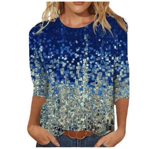 T-shirt ample à col rond et manches 3/4 pour femme, imprimé M300227 