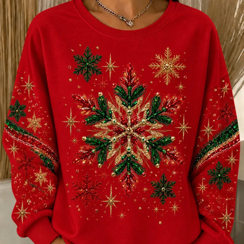 Snowflake print crew neck long-sleeved casual pullover sweater FF303508