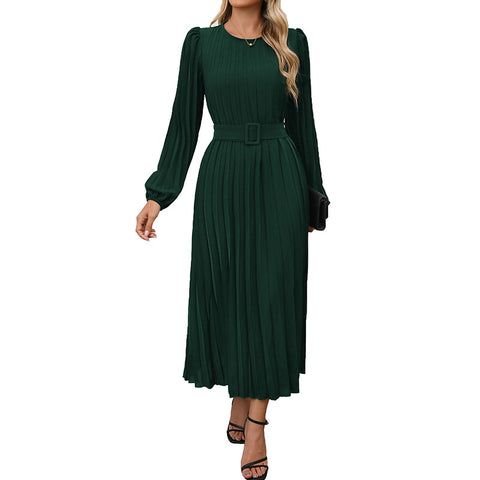Robe longue plissée à manches longues, col rond, taille haute, pour femme, m300809 
