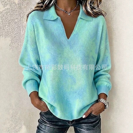 Digital Printed Women's Christmas Lapel Long Sleeve Solid Color Knitted Fleece Sweater FF303269