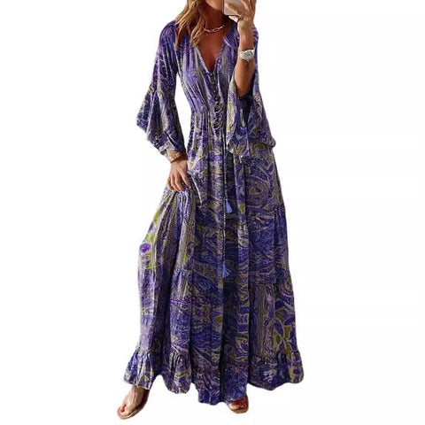 Robe de vacances bohème à manches évasées, imprimée, col en V, taille haute, m300709 