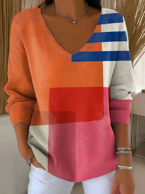 Shoulder V-Neck Long Sleeve Pullover 3D Digital Printing Women's Top T-Shirt m302616