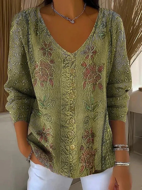 Shoulder V-Neck Long Sleeve Pullover 3D Digital Printing Women's Top T-Shirt m302616