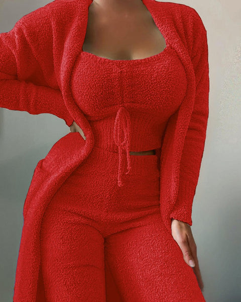 Plüschiges dreiteiliges Pyjama-Set mit Schnürung, lässiges Loungewear-Set, m301066 
