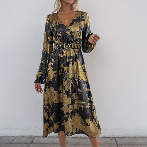 Robe bronzante à col en V et manches longues pour femme, haut de gamme, collection automne M300808 