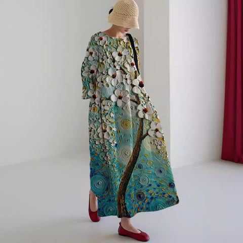 Robe ample à col ras du cou et manches longues imprimée haut de gamme m301044