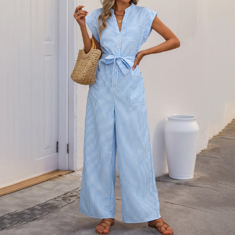 Jumpsuit mit V-Ausschnitt, gestreift, Schnüroverall m300837 