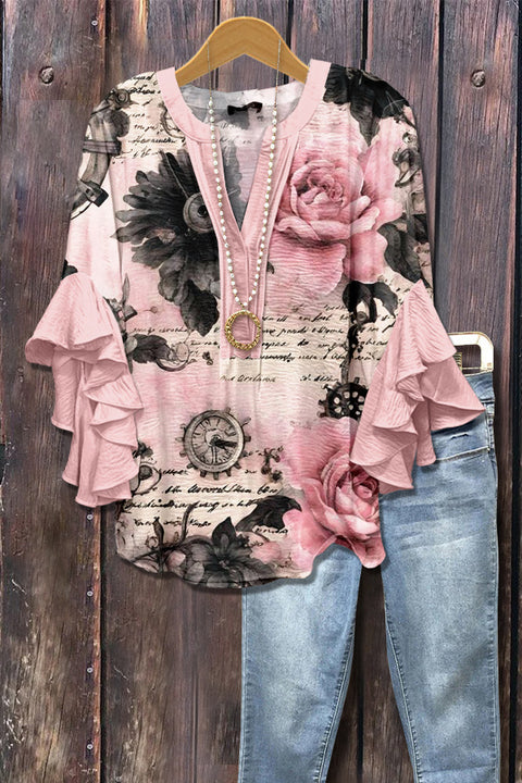 T-shirt à col en V et bordure lotus, imprimé floral créatif, impression numérique, tendance décontractée, m301358 
