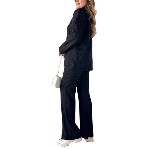 Women's solid color zipper knitted suit turtleneck pit strip loungewear two-piece set m301792