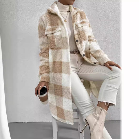 Veste à carreaux en peluche à revers ouvert pour femme, manteau long et ample, style banlieue, m300360 