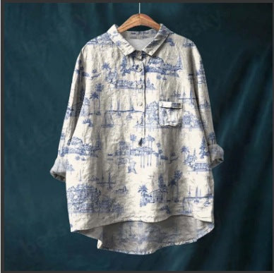 Chemise à manches longues en lin et bambou, à revers, polyvalente et tendance, m301040