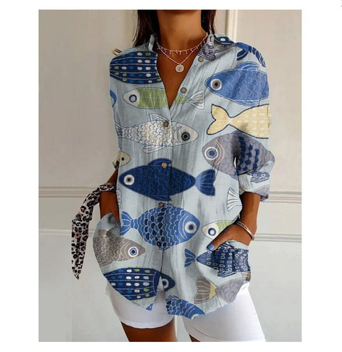 3D digital printing abstract pattern women's long-sleeved buckle linen shirt m302749-03