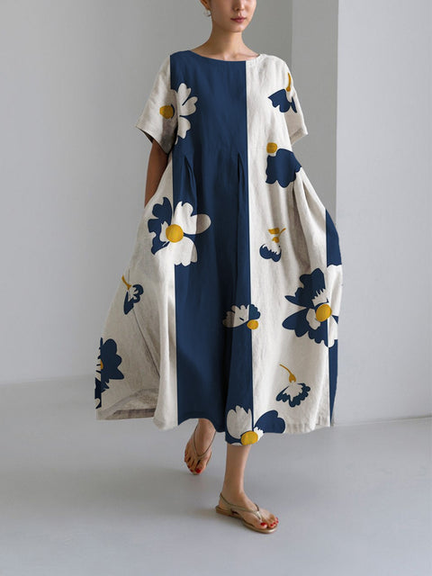 Robe ample à col ras du cou et manches courtes pour femme, haut de gamme, imprimée, m301052