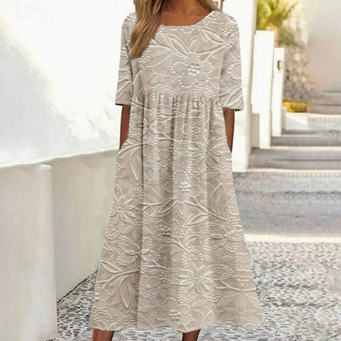 Robe longue décontractée à col ras du cou et manches courtes pour femme, imprimé 3D, taille plissée, style trapèze, m301299 