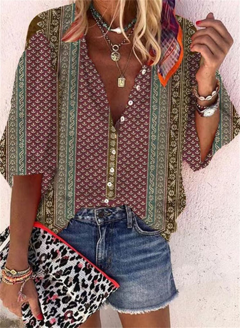 women's clothing stand-up collar loose button retro printed casual shirt m301723