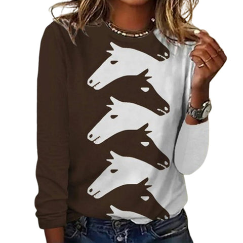 T-shirt col rond à imprimé tête de cheval créatif et tendance, grande taille, m300933 