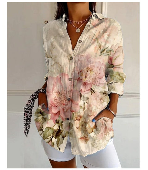 3D digital printing abstract pattern women's long-sleeved buckle linen shirt m302749-03