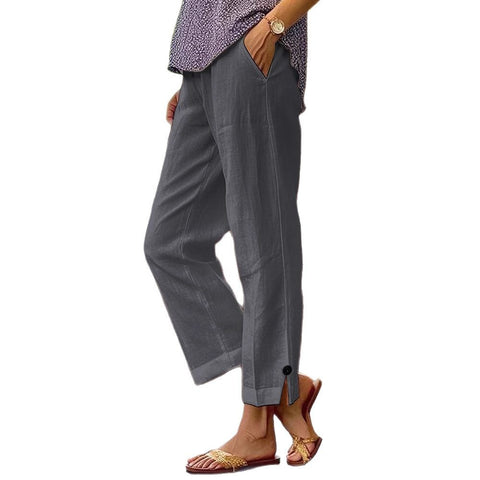 Women's cotton and linen loose solid color elastic waist pocket straight casual pants m301424