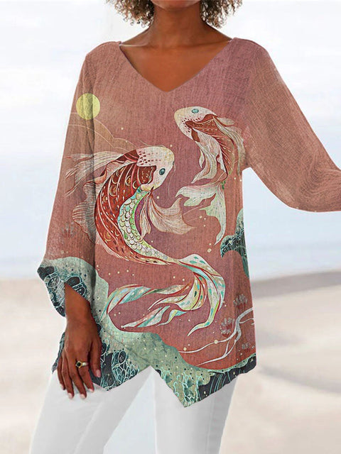 Damen-T-Shirt mit V-Ausschnitt und neunviertellangen Ärmeln und Tiermotiven, lockeres Motiv, m301289 
