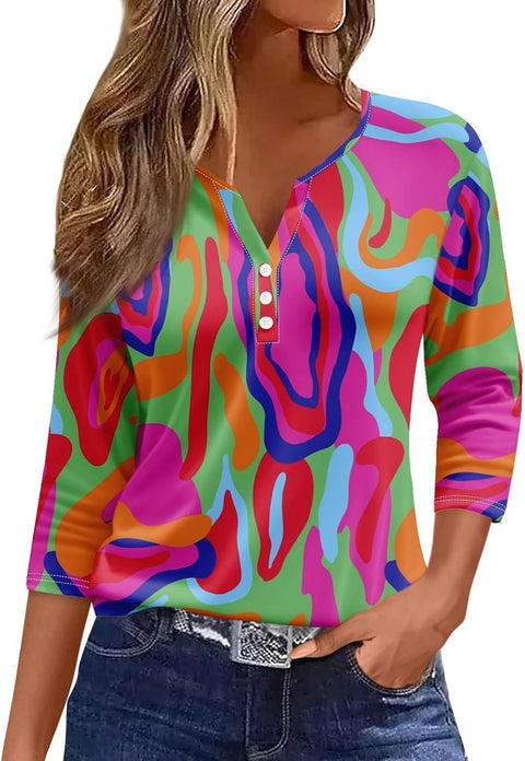Vêtements pour femmes à motif marbré, col en V, trois boutons, manches sept-quarts, m300581 