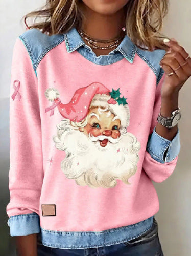 Lapel top imitation denim sweater long-sleeved women's top m302160