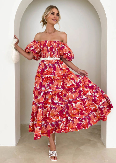 Robe longue imprimée à manches bouffantes et épaules dénudées pour femme M300282 