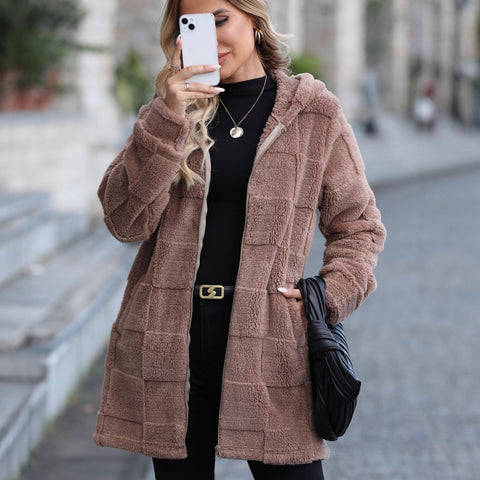 Autumn and winter new loose hooded long cardigan plush jacket m302062