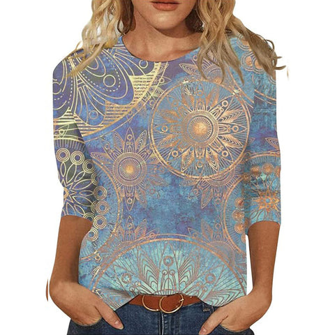 Pull ras du cou à manches sept-quarts et imprimé 3D de fleurs et de plantes m300615 