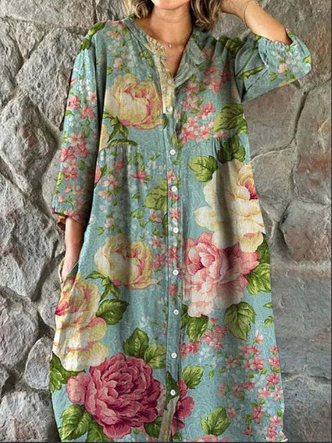 Robe chemise ample à col ras du cou et manches longues pour femme, imprimée, de qualité supérieure, m301050