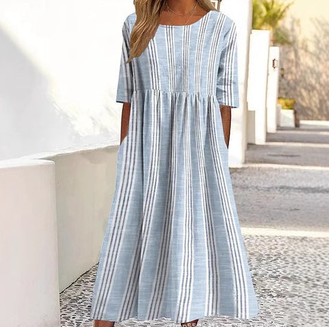 Robe longue décontractée à col ras du cou et manches courtes pour femme, imprimé 3D, taille plissée, style trapèze, m301299 